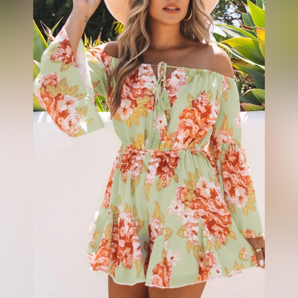 Off-Shoulder Floral Romper in Mint and Coral